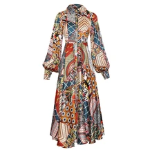 

Designer Women Spring Summer Lapel Single Breasted Lantern Long Sleeve Vintage Print Dress