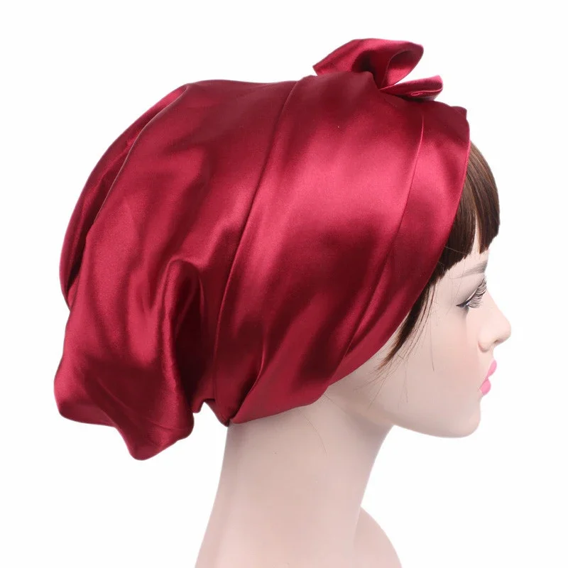 New Women Satin Night Cap Bowknot Sleep Hat Silk Chemo Caps Cancer Hats Long Tail Hair Bonnet Head Scarf Wrap Bandana Headwear 4