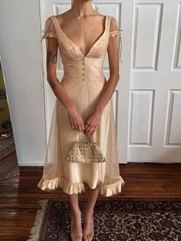 Vintage Chic Women Dress Deep V Neck Mesh Spliced Satin Tie Strap Back Bow Ruffle Hem Midi Dresses 2026 Summer Party Guest Gown