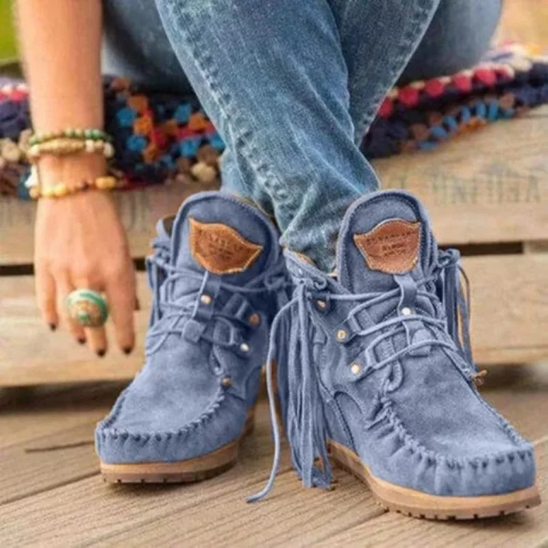 

Women Faux Suede Boots Autumn Causal Lace Up Round Toe Female Ankle Boots Vintage Solid Tassel Ladies Cowboy Boots Short Boot