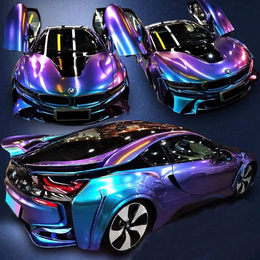 

High Glossy Chameleon Purple to Blue Vinyl Wrap Film Motorcycle Car Interior Styling Decals DIY Sticker Sheet Glossy Films Wraps