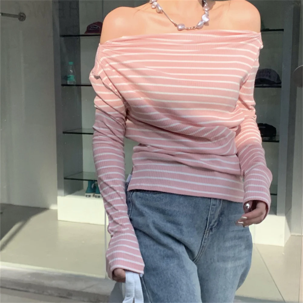 

Alien Kitty Pink T-Shirts Slash Neck Women New Sexy Spring Off Shoulders Chic 2023 Slim Office Lady Casual Full Sleeve Tees