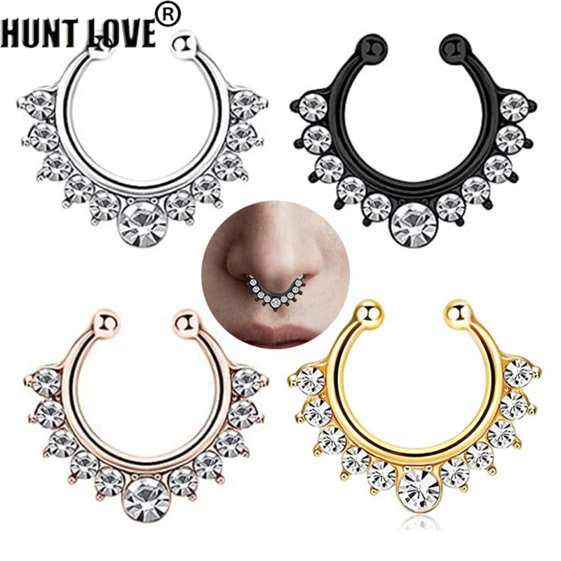 

5pcs Wholesale Nose Piercing Fake Septum Ring Rhinestone Crystal Metal Faux Percing Nose Rings For Women Lady Punk Body Jewelry