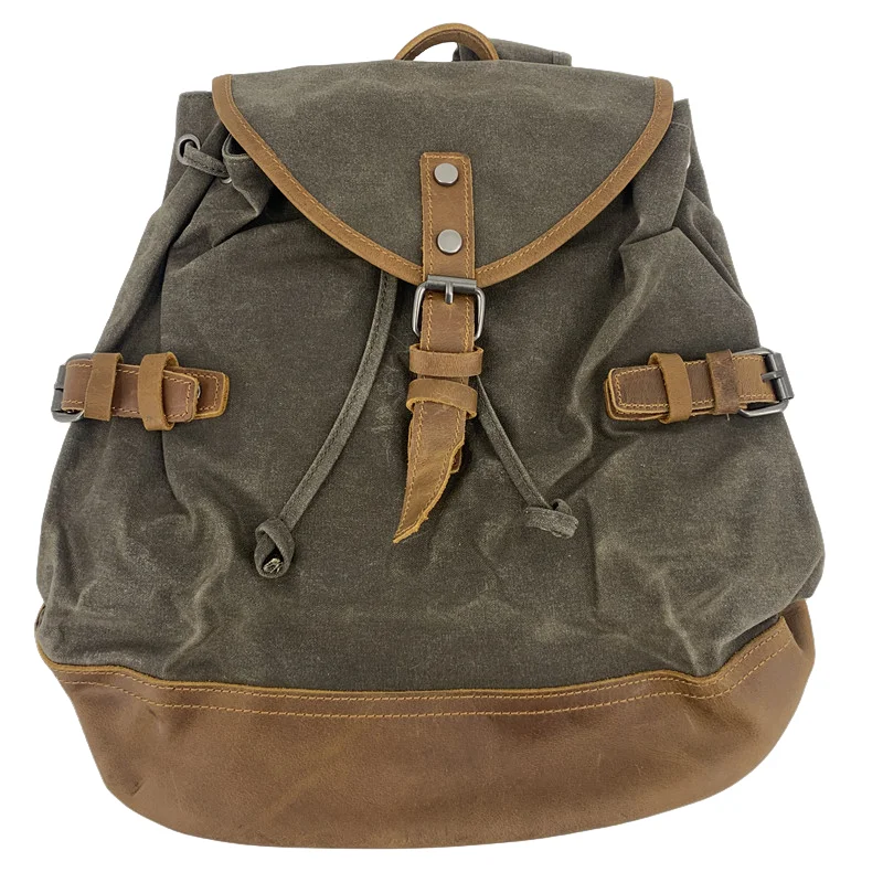Waxed Canvas Vintage Backpack Men Bag Waterproof Outdoor Travel Flap Pocket Drawstring Large Computer Laptop Bagpack School Bags
