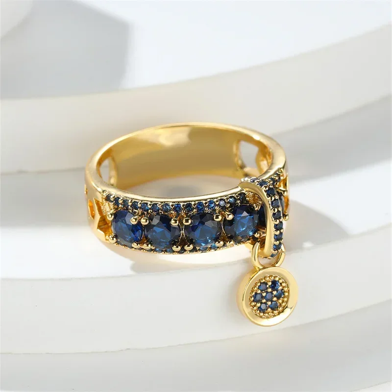 Vintage Royal Blue Stone Ring Yellow Gold Color Luxury Female Wedding Engagement Ring for Women wedding rings finger rings engagement rings fashion ring crystal rings metal rings stone rings gold rings
