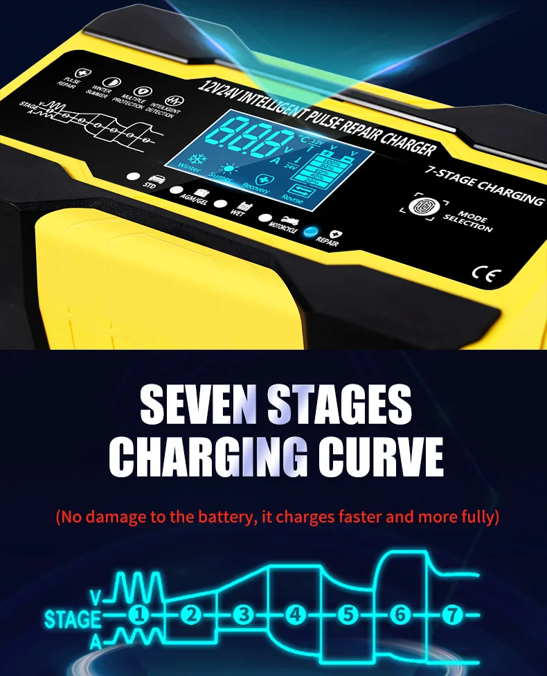 12V-24V Car Battery-Charger Full Automatic 12V 10A Digital Car Battery Charger Pulse Repair for AGM GEL WET Lead Acid