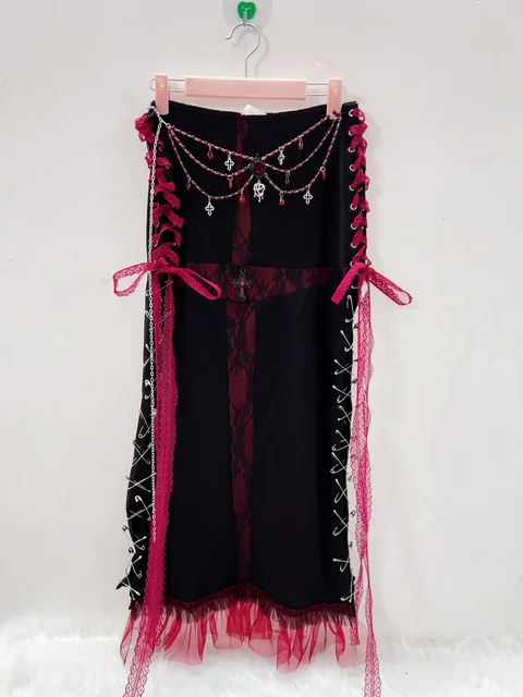 Metal Chain Lace Up Long Skirt 2