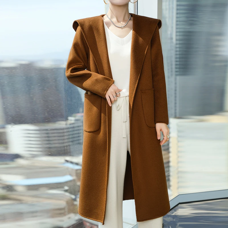 100% Wool Women's High-end Thickened Woolen Coat Coat With Belt Solid Color Long Sleeve Outerwear Ladies With a hat Overcoat