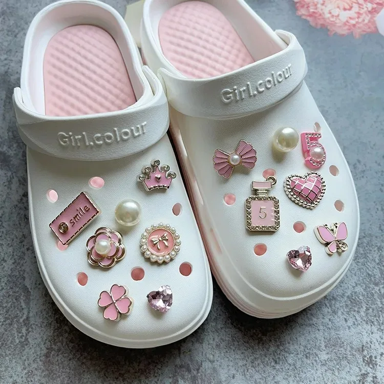 DIY rosa Schuh-Charms-Set inklusive Diamant-Perle, Strass, abnehmbare Kette, Schnalle, Mädchen-Dekoration – Detail 9