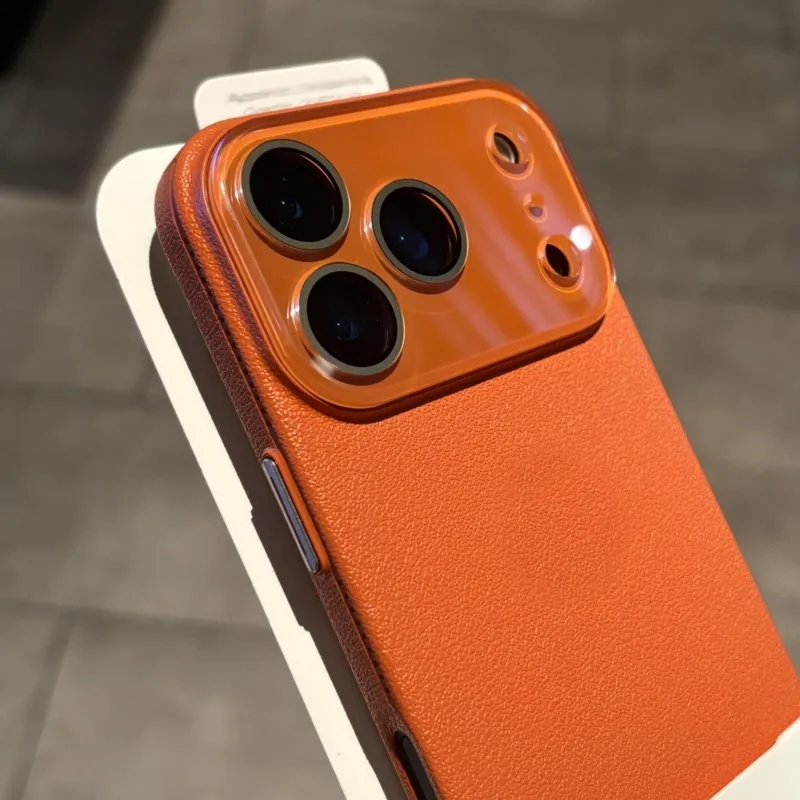 Elegant Leather Texture Silicone Case with Glass Camera Lens Protection - Shockproof Cover