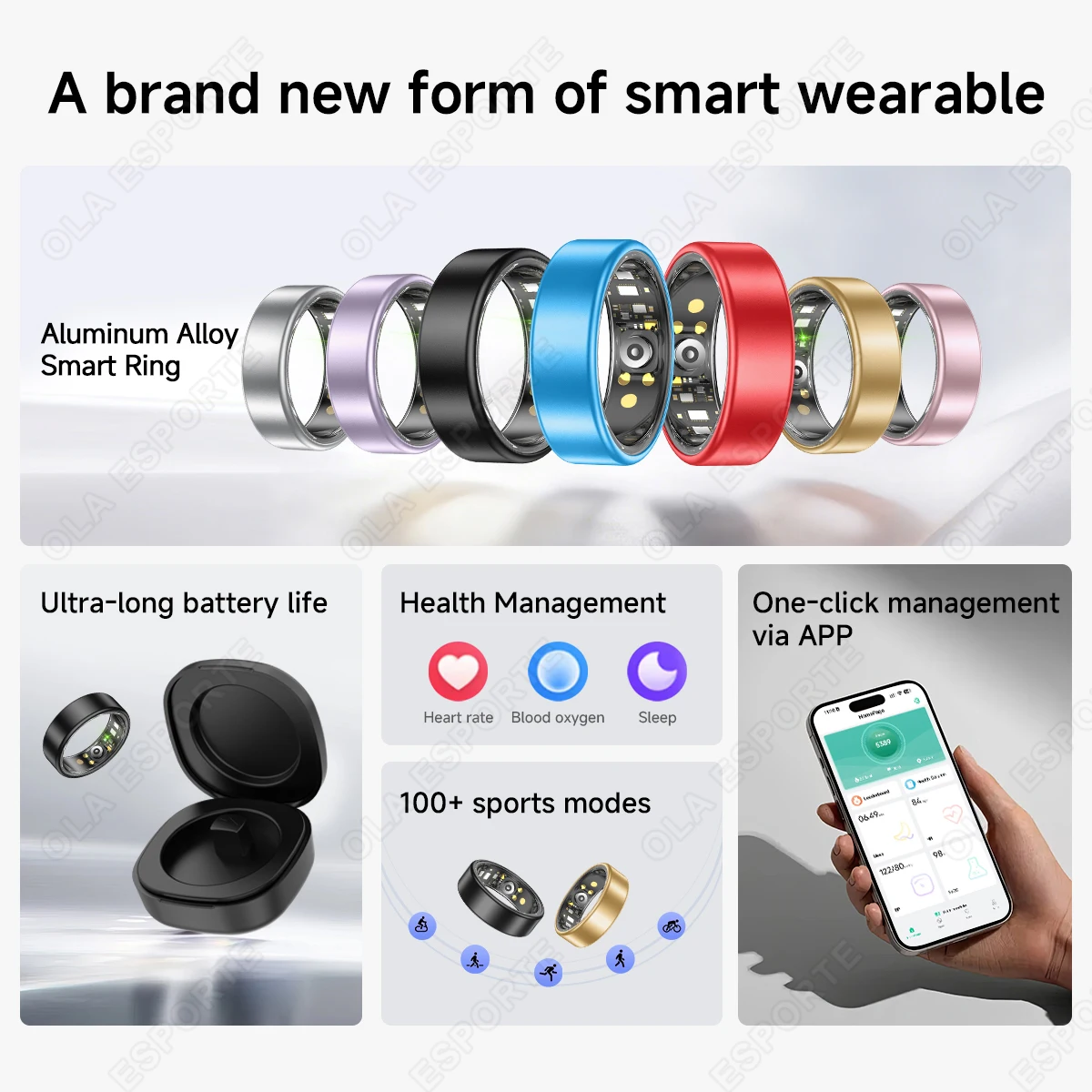Anello Intelligente Colorato per Donne e Uomini, SmartRing con Monitoraggio della Frequenza Cardiaca, Impermeabile, 100+ Modalità Sportive, Super Leggero e Delicato sulla Pelle - immagine 2