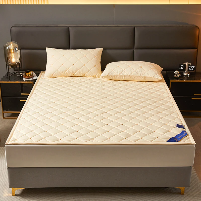 

Solid Color Embroidery Quilting Mattress Cover Thicken Fitted Sheet Bed Cover For Bedroom Hotel Soft Pad For Bed