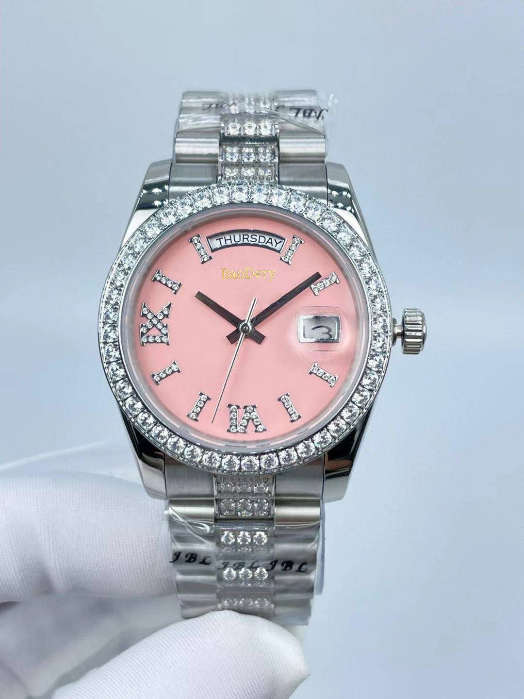 Womens 36mm Stainless Steel Watch with Roman Numeral Dial - Mechanical Movement, Thin Design