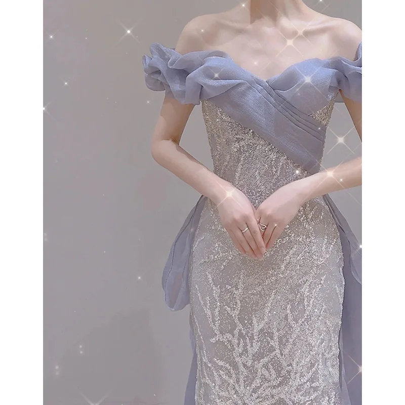 Fish Tail Evening dress wedding party Elegant Banquet Spring One Shoulder Sequins Party vestido de festa