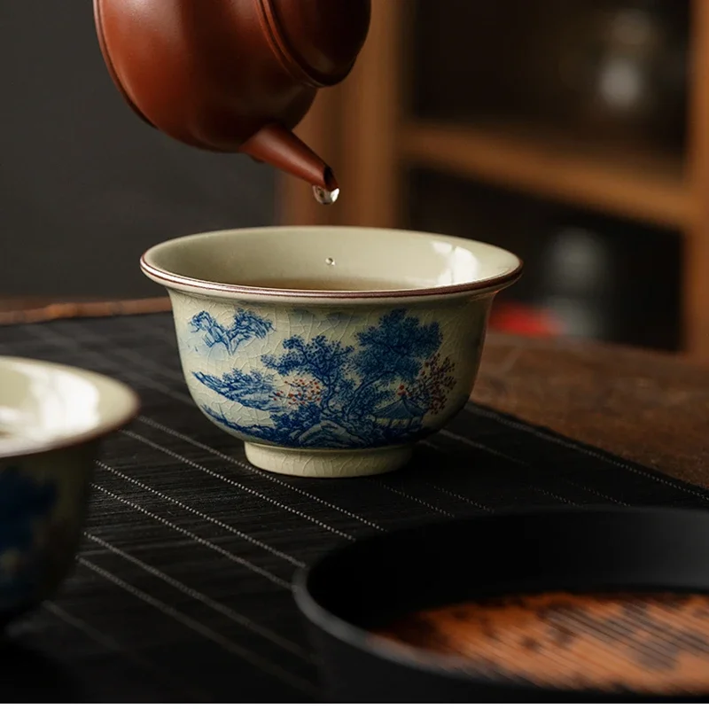 Landscape Chinese Pottery Cups Ceramic Opening Tea Cup Set Blue And White Teaware Kung Fu Tea Bowl For Ceremony Teacup