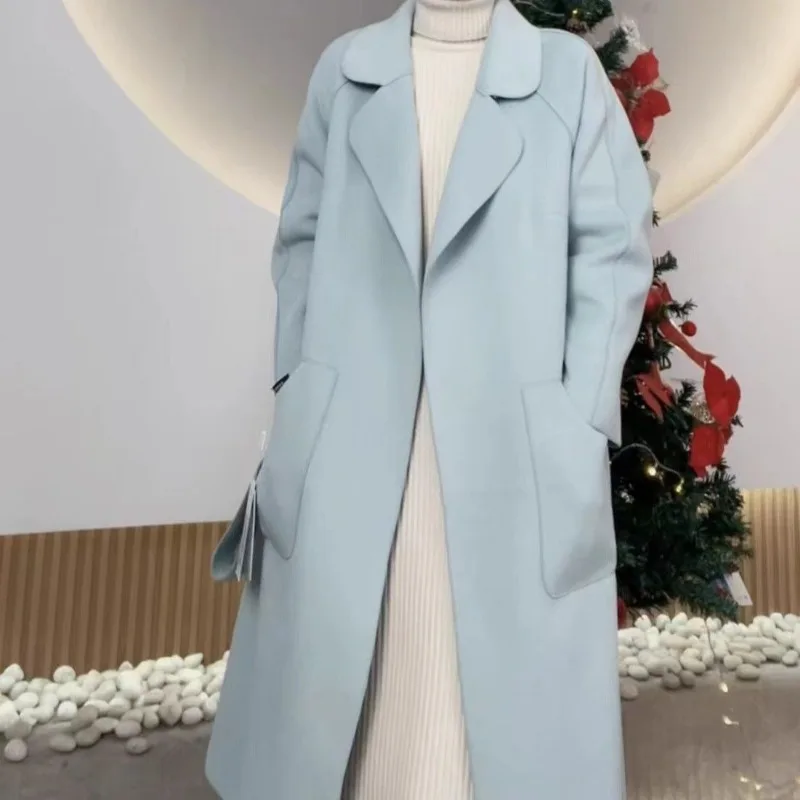 2023 Autumn Winter New Women Reversible Cashmere Coat Female Long Below The Knee Temperament Casual Slim Fit Woolen Outwear