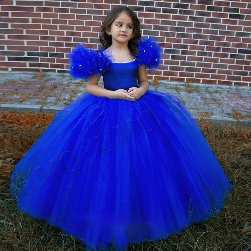 Royal Blue Prom Ball Gown Flower Girl Dress Compleanno Wedding Evening Party Dresses Ruffles Beads Costumes First Comunion Custom