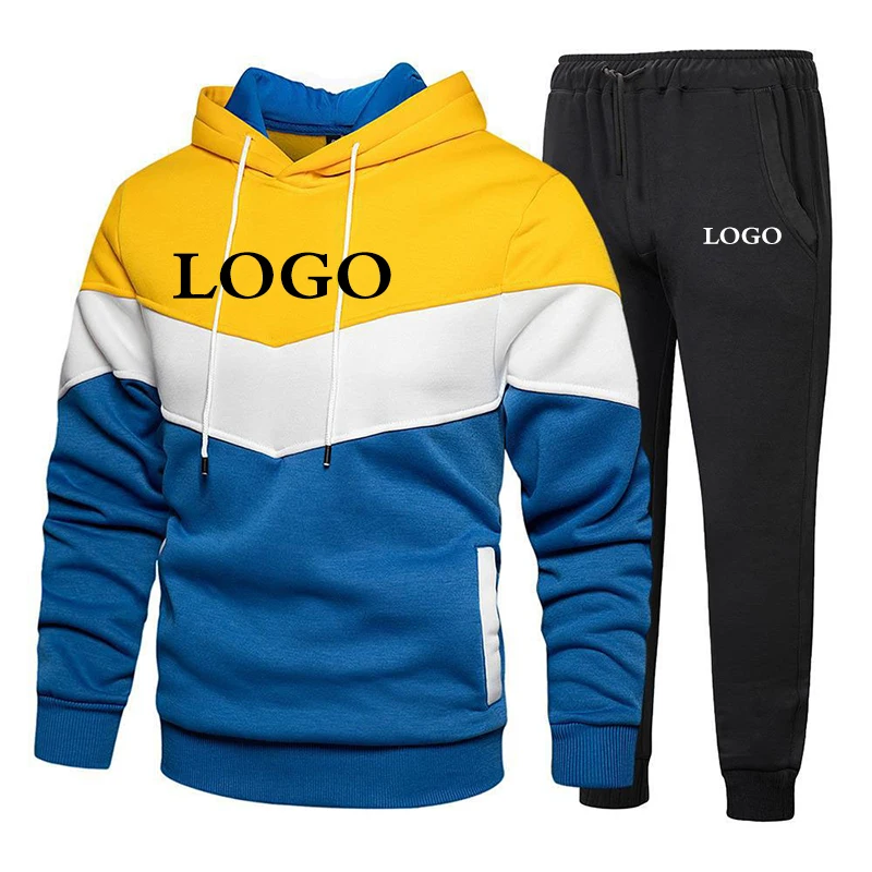 Men's Custom Logo Hoodies Patchwork Hoodie Outdoor Sportswear Street Fashion Men's Pocket Hooded Sweatshirt Fall Winter Set