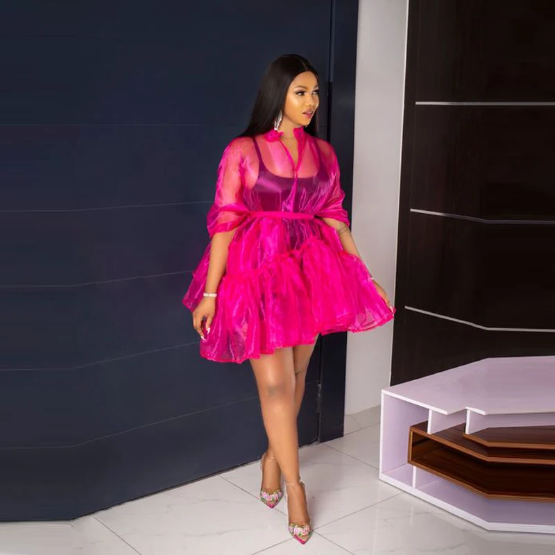 

Flare Fuchsia Prom Gowns See Through Sexy Short Prom Dresses with Sleeves Puffy Transparent