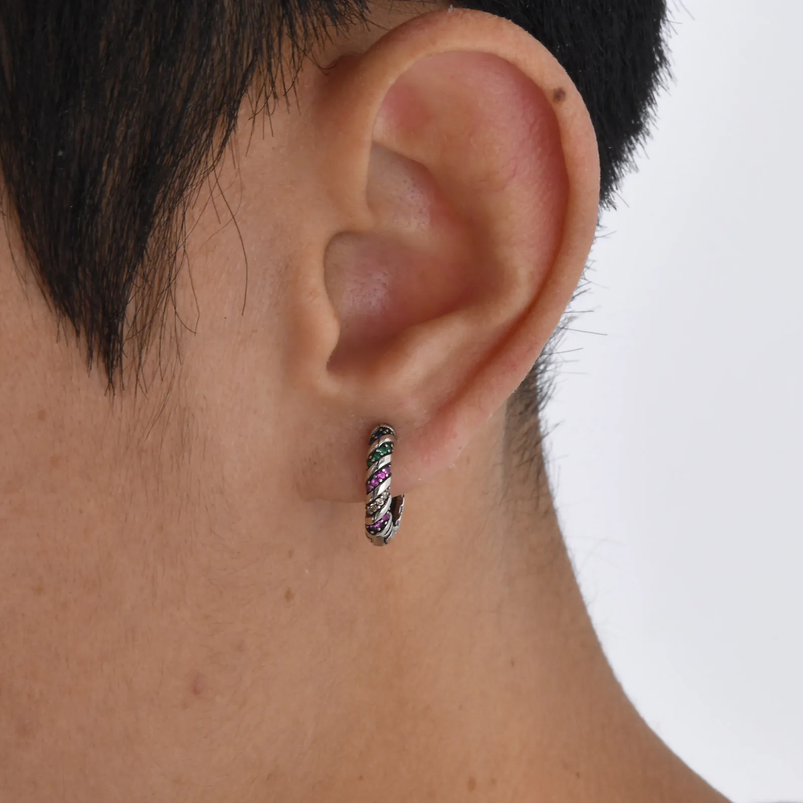 Colorful Zircon Hoop Earrings for Men Boys,Casual  Twist Metal Pierced Earrings,Punk Jewelry Gifts