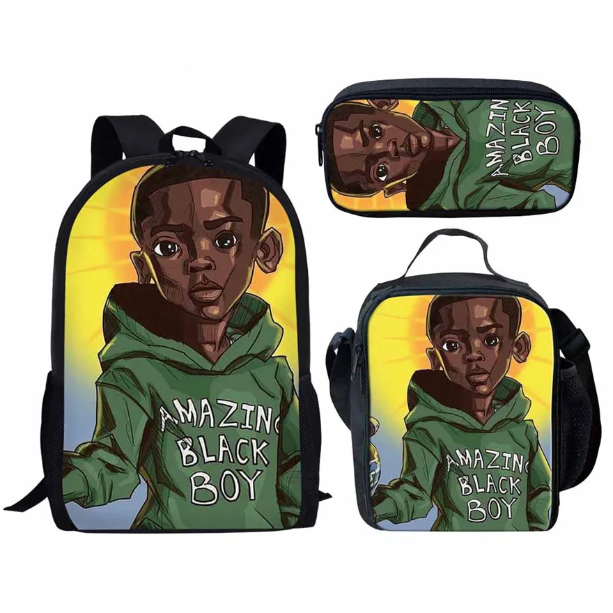 Classic Novelty Classic African Black Boys 3D Print 3pcs/Set pupil School Bags Laptop Daypack Backpack Lunch bag Pencil Case