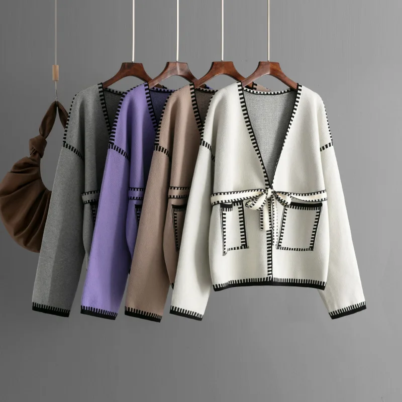 Knit Contrast Cardigan Sweater For Women Lace-Up Pocket Long Sleeve Patchwork Loose Coat Autumn Knitwear Women's Outwear