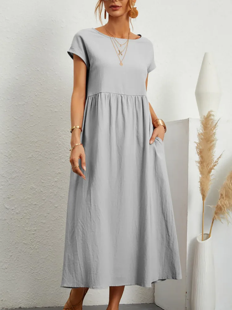 Women Dress Women Elegant Solid Dresses Summer Casual O Neck Short Sleeve Cotton Sundress Vintage Loose Pockets Y2K Long Dress Vestidos Robe