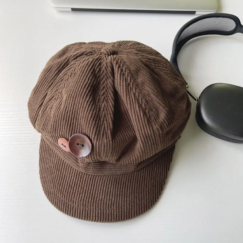 RICYGVM Berretto ottagonale in velluto a coste con bottoni retrò per donne, cappello da pittore, artista, ragazze giapponesi, berretti con visiera marroni, berretti autunnali e invernali_voghion.com