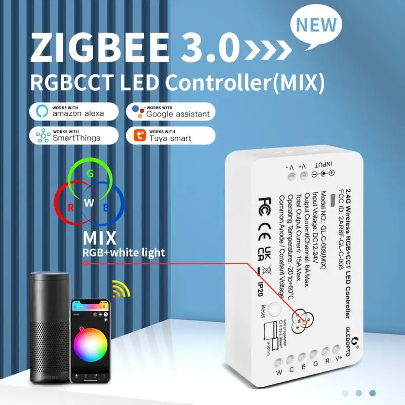 

Контроллер светодиодной ленты ZigBee3.0 RGBCCT RGB, белая фотовспышка, домашнее управление с помощью приложения Alexa Tuya SmartThings