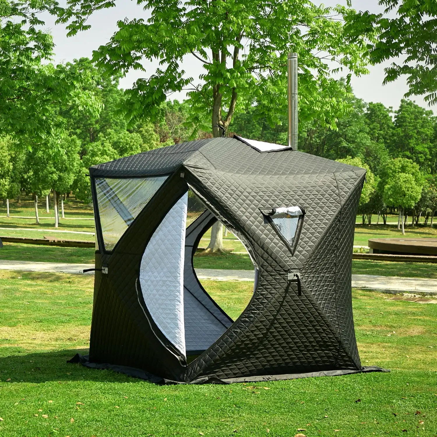 

Hot selling three layer waterproof insulation winter ice fish cube pop up tent transparent sauna tent with chimney hole