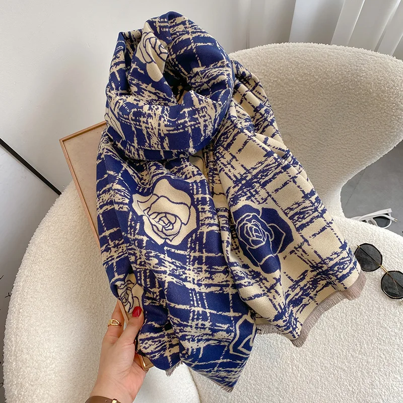 2024 Women's Fall/Winter New Small Fragrant Camellia Double-sided Cashmere Scarf Women's Large Size  Warm Luxury Shawl Scarf