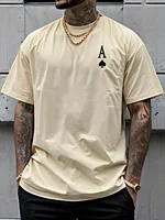 Summer men's 100% pure cotton casual sports loose oversized retro spade A printed comfortable round neck short sleeved T-shirt 4