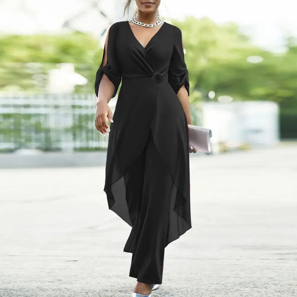 

High Waist Jumpsuit Loose Wide-leg Jumpsuit Elegant V-neck Women's Jumpsuit with Rose Decor Back Zipper Closure Formal Commute