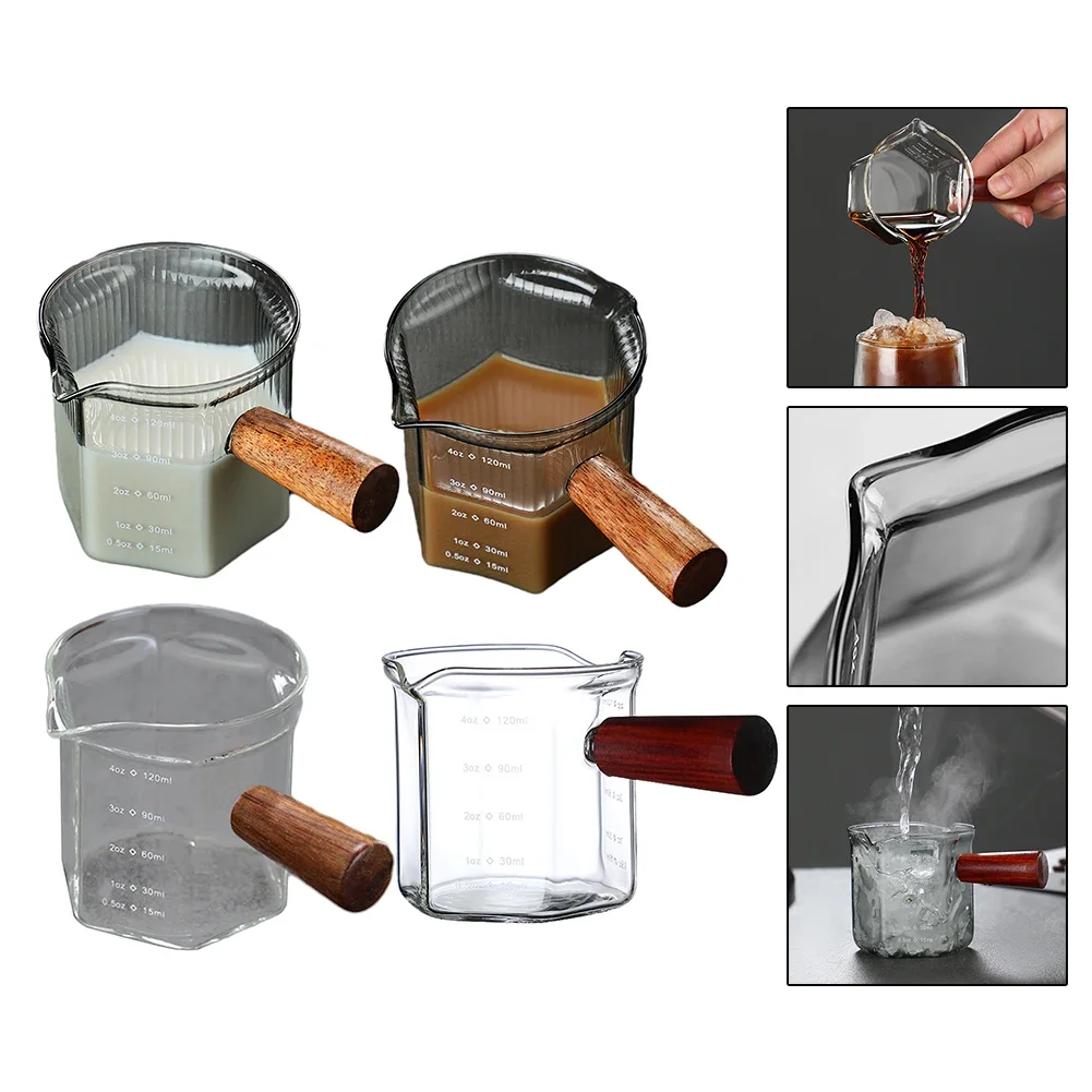 

Wood Handle Glass Espresso Measuring Cup Double/Single Mouth Milk Jug Heat-resisting Coffee Shot Glass Scale Measure Mugs