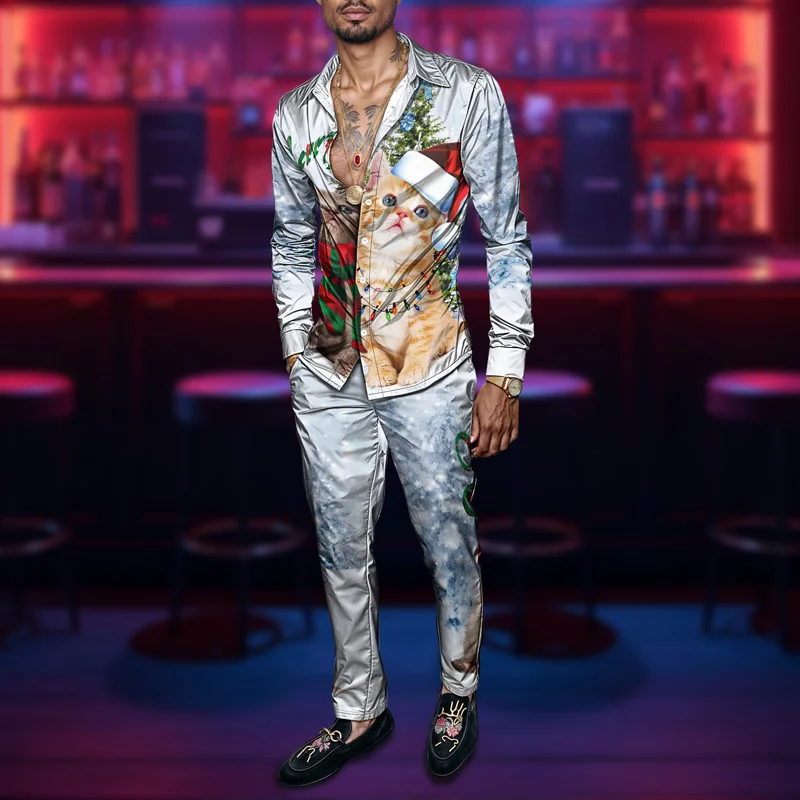 2025 Spring Summer Men Shirt Set Christmas Print Fashion Gingerbread Man Two Piece Set Mens Snowman Lightweight Party Long_viptrois.com