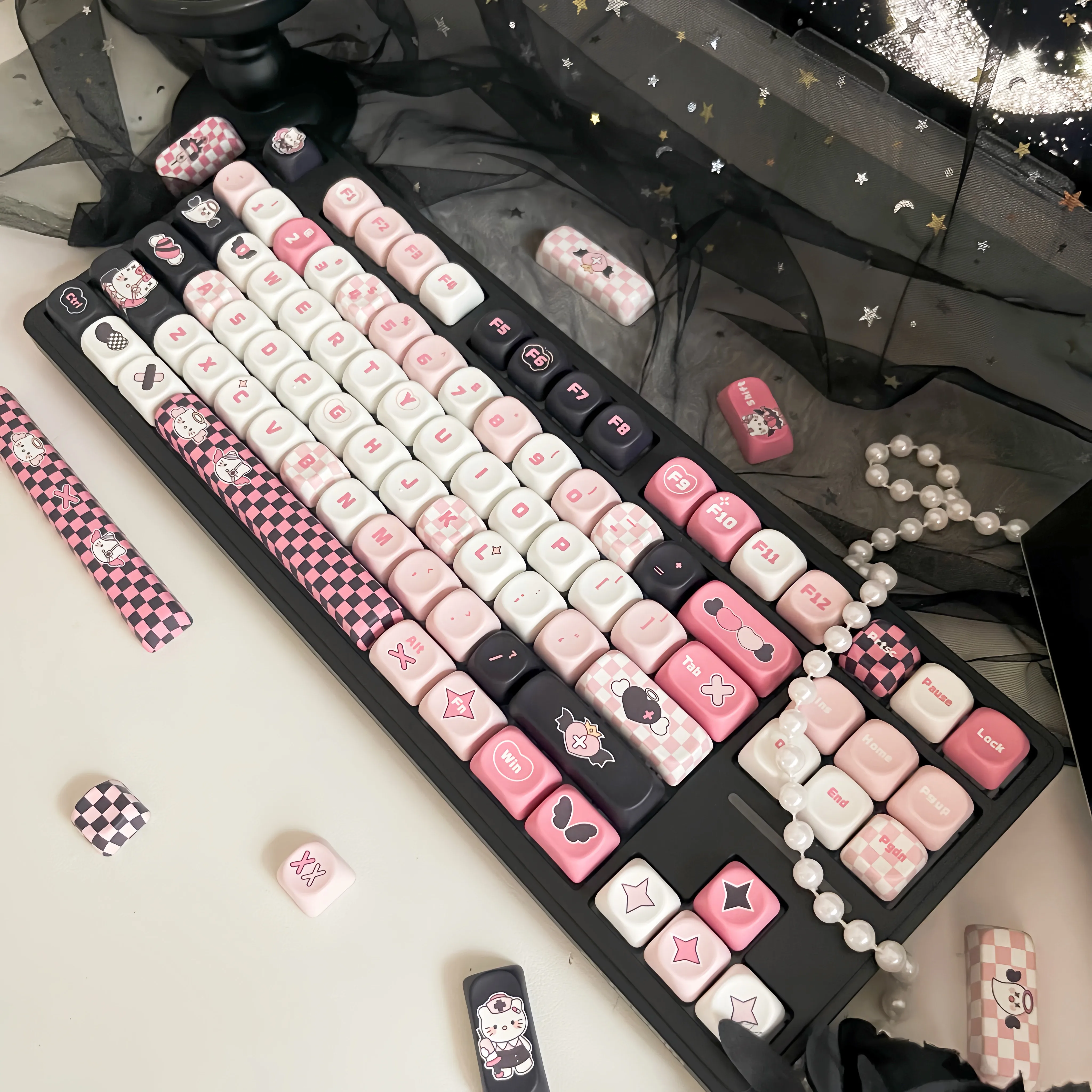 KT 고양이 키캡 MOA 귀엽고 멋진 블랙 파우더 볼캡 PBT 핫 승화 오리지널 68 75 84 87 98 108