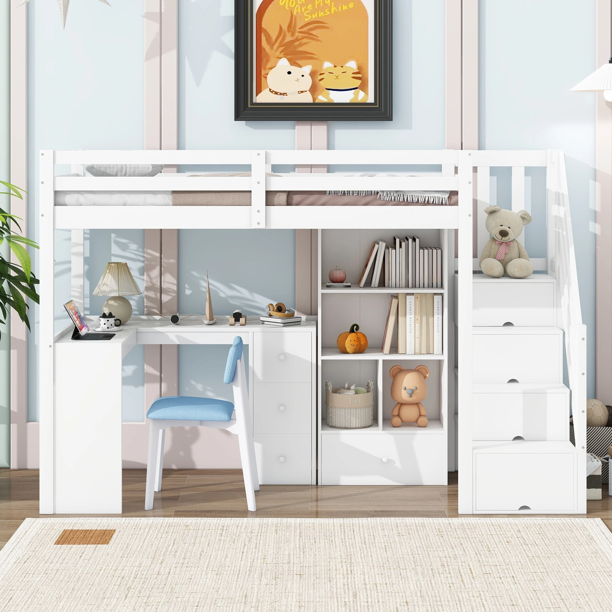 Hochbett, 90 x 200 cm, ohne Matratze, Schreibtisch, Schubladen, Balkon, offener Aufbewahrungsschrank, verstellbare Rolltreppen, EN 747-zertifiziert – Detail 1