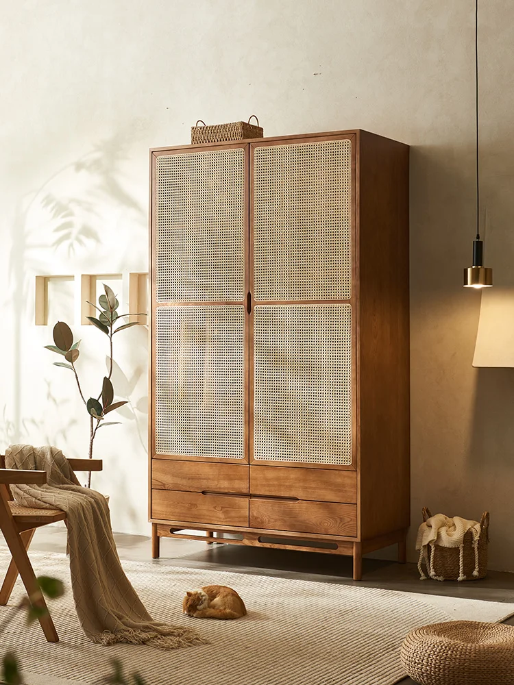 

Household Japanese-Style Retro Rattan Wardrobe Walnut Solid Wood Double Door Storage Wardrobe Small Apartment Bedroom