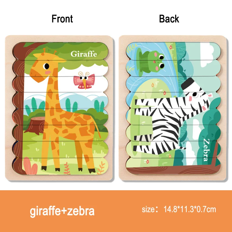 

Cartoon Animal Double-sided Strip Wooden Puzzles Kids Jigsaw Game Baby Educational Toys for Children