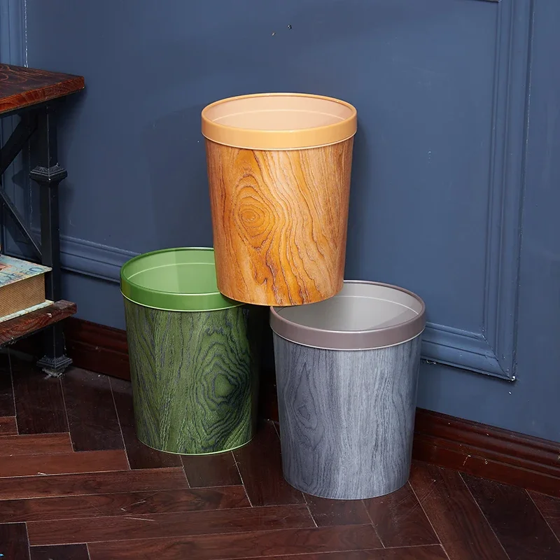 

Retro Imitation Wood Grain Trash Can Round Plastic Garbage Bin Garbage Storage Basket Waste Bins Without Cover Kitchen Trash Bin