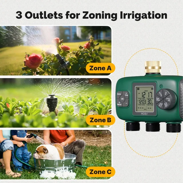 MOES 3-Outlet Smart Water Timer Brass Inlet IPX5Waterproof  Knob Button Automatic Irrigation LCD Display Screen Garden Sprinkler 5