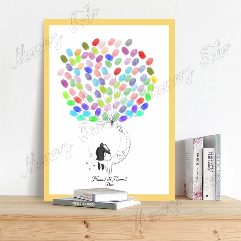 Name Date Cute Cartoon Characters Wedding Fingerprint Signature Guest Book Painting (No Frame,Ink Pad Included)
