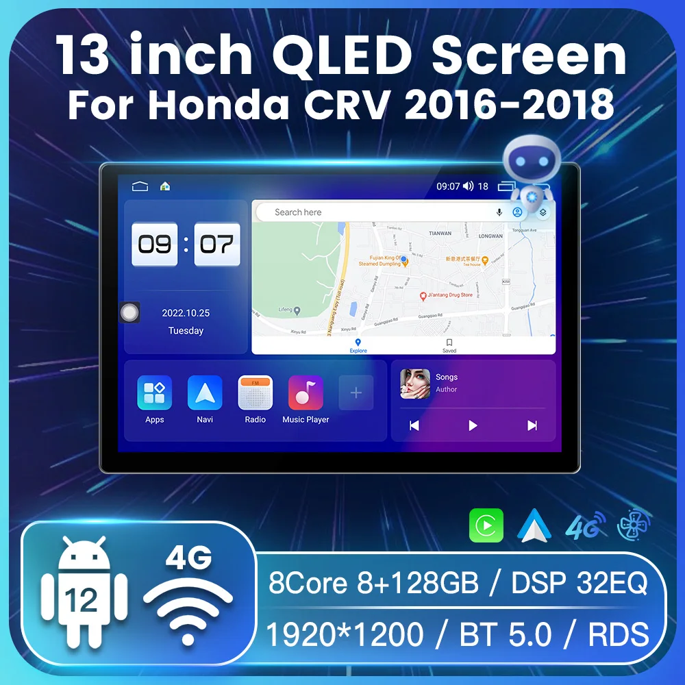 

13-дюймовый QLED экран Android 12 автомобильное радио для Honda CRV CR-V 2016 2017 2018 - 2021 Carplay GPS навигация BT5.0 4G WIFI DSP RDS