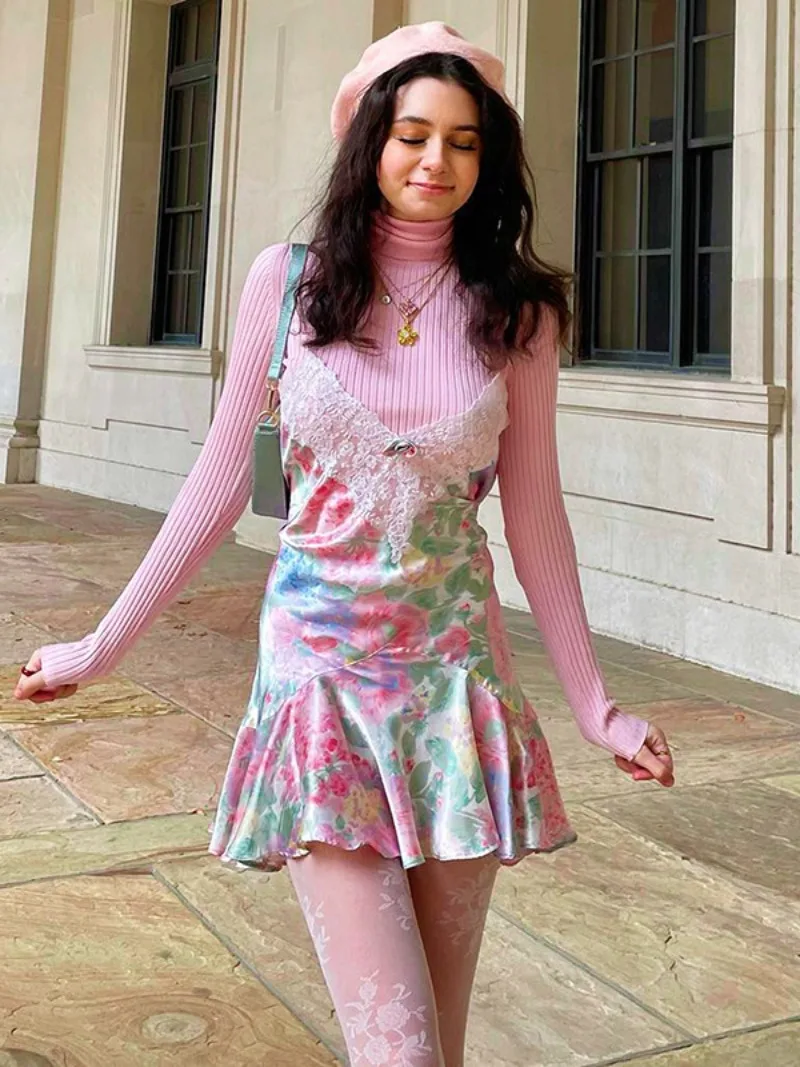 

2024 Women V-neck Lace Patchwork Floral Print Mini Dress Y2K Streetwear Casual Sexy Girls Backless Ruffles Pink Slip Dresses