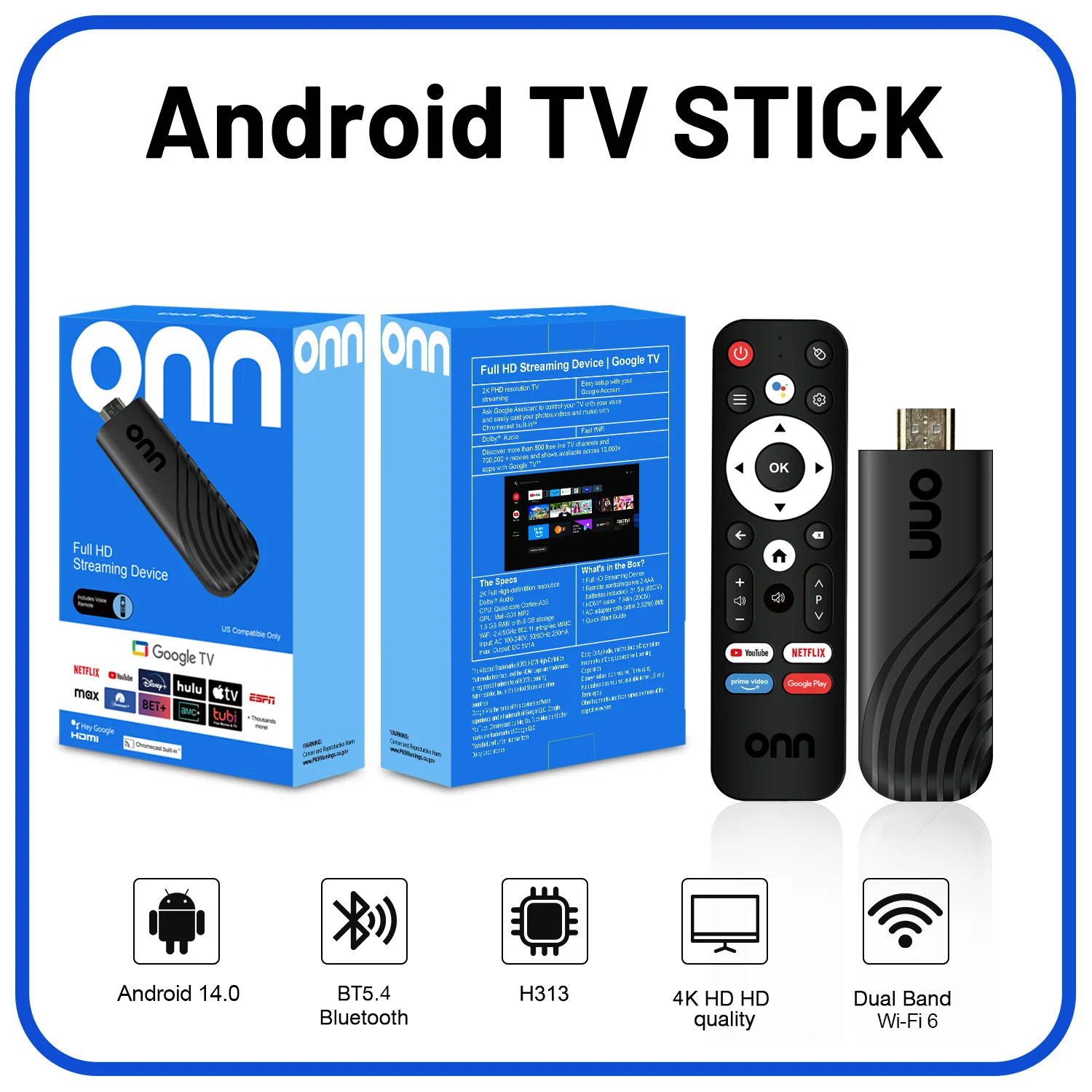 Clé TV intelligente ONN ATV Stick 8K 4K HD avec prise en charge vidéo, BT5.0, double WiFi6, 4G, 5G, télécommande vocale, processeur Allwinner H313 Quad Core, 8 Go 128 Go 1