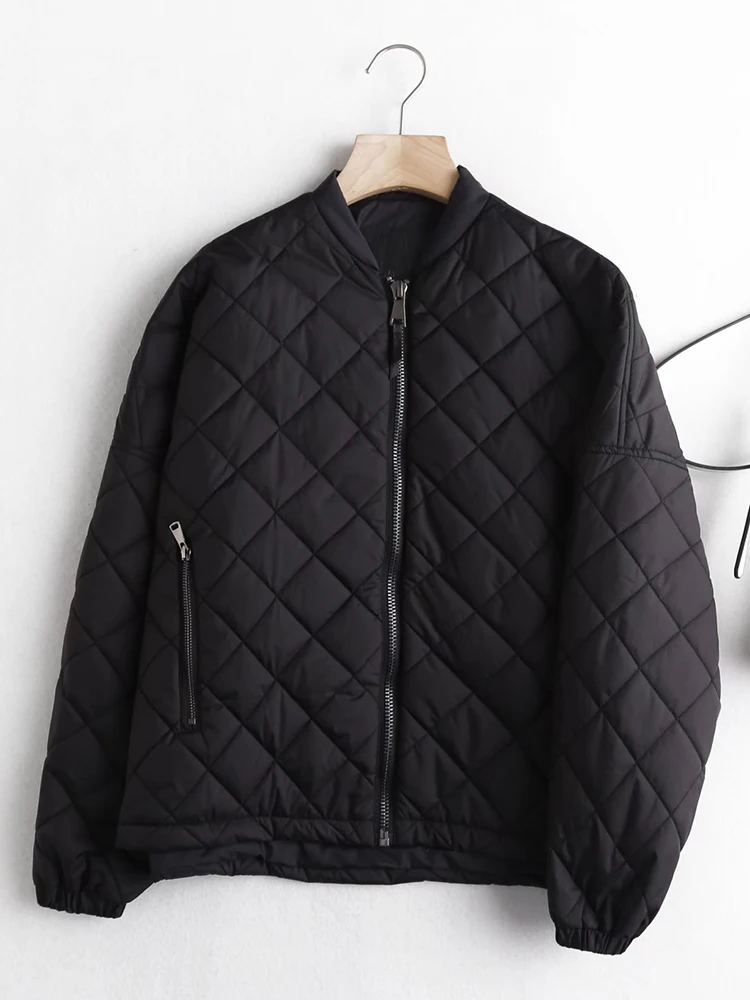 

New Autumn Women Oversize Quilted Flight Jacket Vintage Black Long Sleeve Female Zipper Outerwear Loose Coat Dropshipping