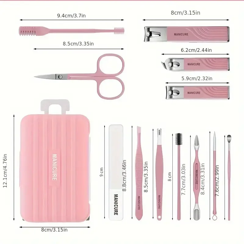 12Pcs Nail Clippers Manicure Tool Set with Travel Suitcase Grooming Stainless Steel Nail Cutter Professional Pedicure Tools