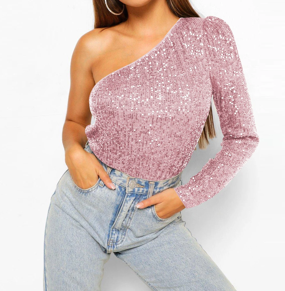 

Women's Rompers Sexy & Club Sequined Full Sleeve Bodysuits Elegant Casual Stylish One-Shoulder Slim Female Jumpsuits C5368