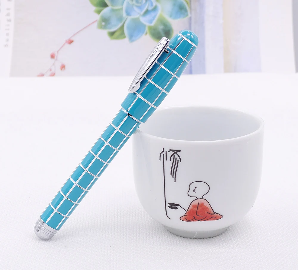 Fuliwen 2062 Resin Roller Pen, Fashion Travel Short Pocket Pen , Fine Nib 0.5mm Beautiful Square Lattice Pattern Writing Pen