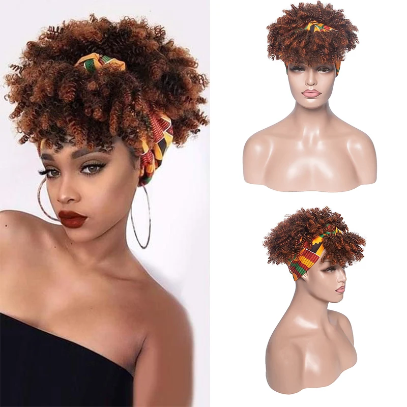 

Afro Kinky Curly Wig with Headband Ombre Blonde Short Curly Scarf Wig for Black Women Synthetic Turban Natural Fibre Fake Hair